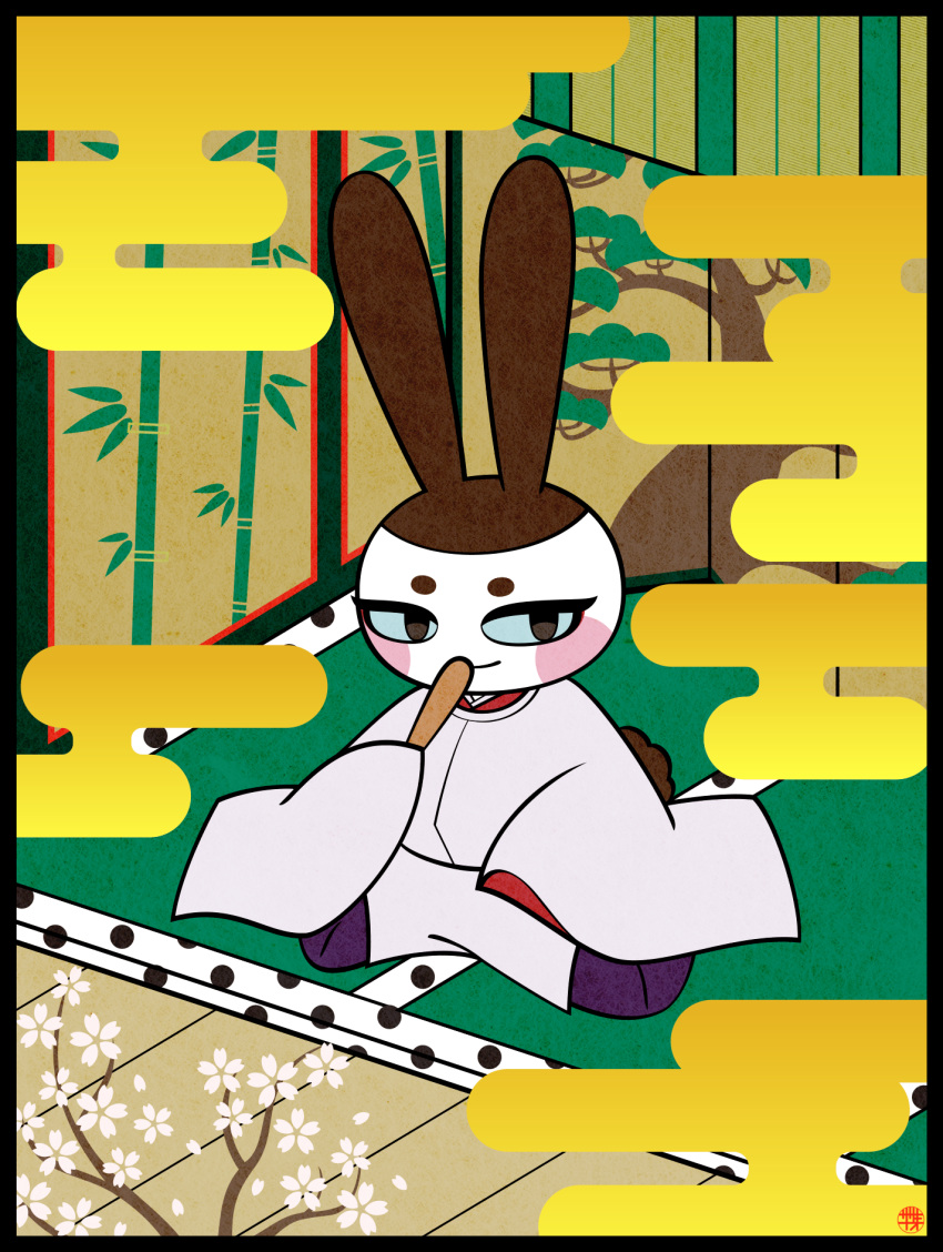1boy, animal_crossing, bamboo_print, blue_eyes, branch, cherry_blossoms, clouds, egasumi