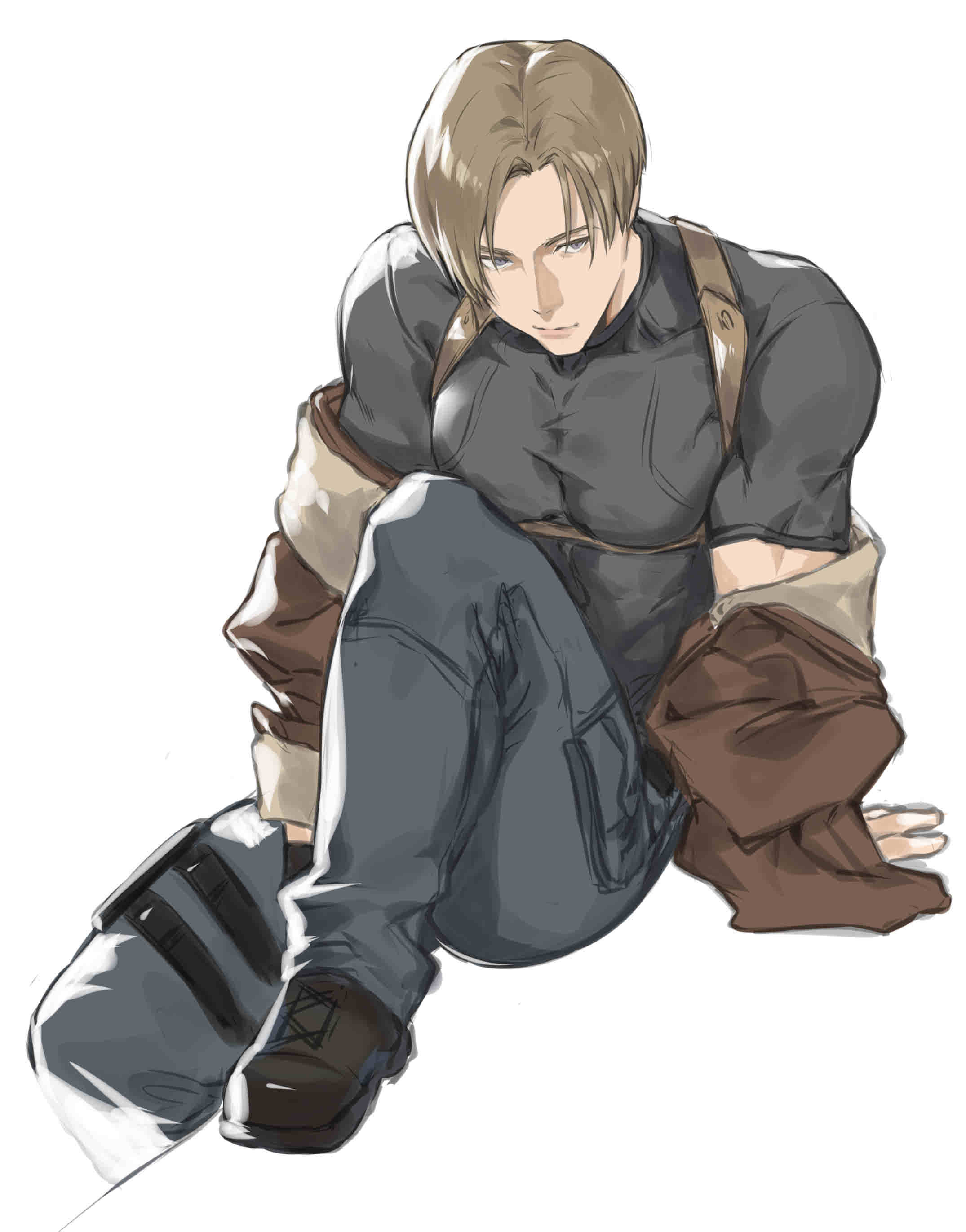 1boy, absurdres, blue_eyes, bomber_jacket, brown_hair, brown_jacket, curtained_hair, duster