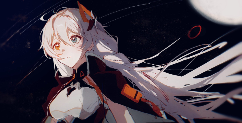 1girl, ahoge, black_sky, blue_eyes, breasts, ezsesp, full_moon, heterochromia