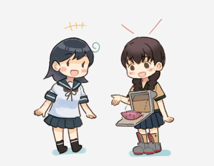 2girls, black_hair, braid, brown_eyes, brown_hair, brown_serafuku, food, full_body