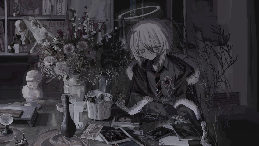 1girl, black_hair, black_hoodie, black_necktie, black_shirt, bookshelf, burn_scar, cd_case