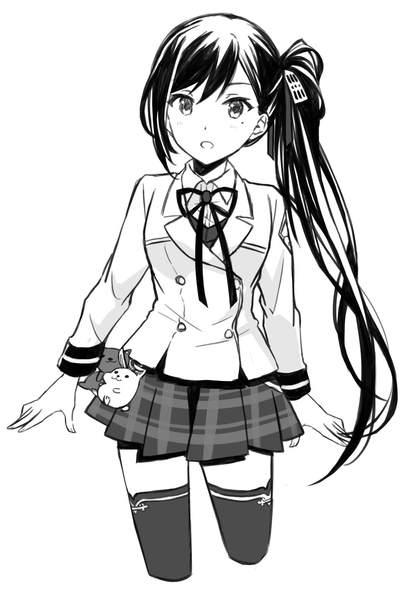 1girl, absurdres, arms_at_sides, buttons, collared_shirt, cowboy_shot, cropped_legs, double-breasted, greyscale, hair_ornament, highres, jacket, light_blush, liu_mei_fan, long_hair, looking_at_viewer, miniskirt, mole, mole_under_eye, monochrome, neck_ribbon, parted_lips, plaid, plaid_skirt, pleated_skirt, ribbon, school_uniform, shirt, shoujo_kageki_revue_starlight, shoujo_kageki_revue_starlight_-re_live-, side_ponytail, simple_background, sketch, skirt, solo, standing, stuffed_animal, stuffed_cat, stuffed_rabbit, stuffed_toy, swept_bangs, tareko, thigh-highs, very_long_hair, white_background, zettai_ryouiki