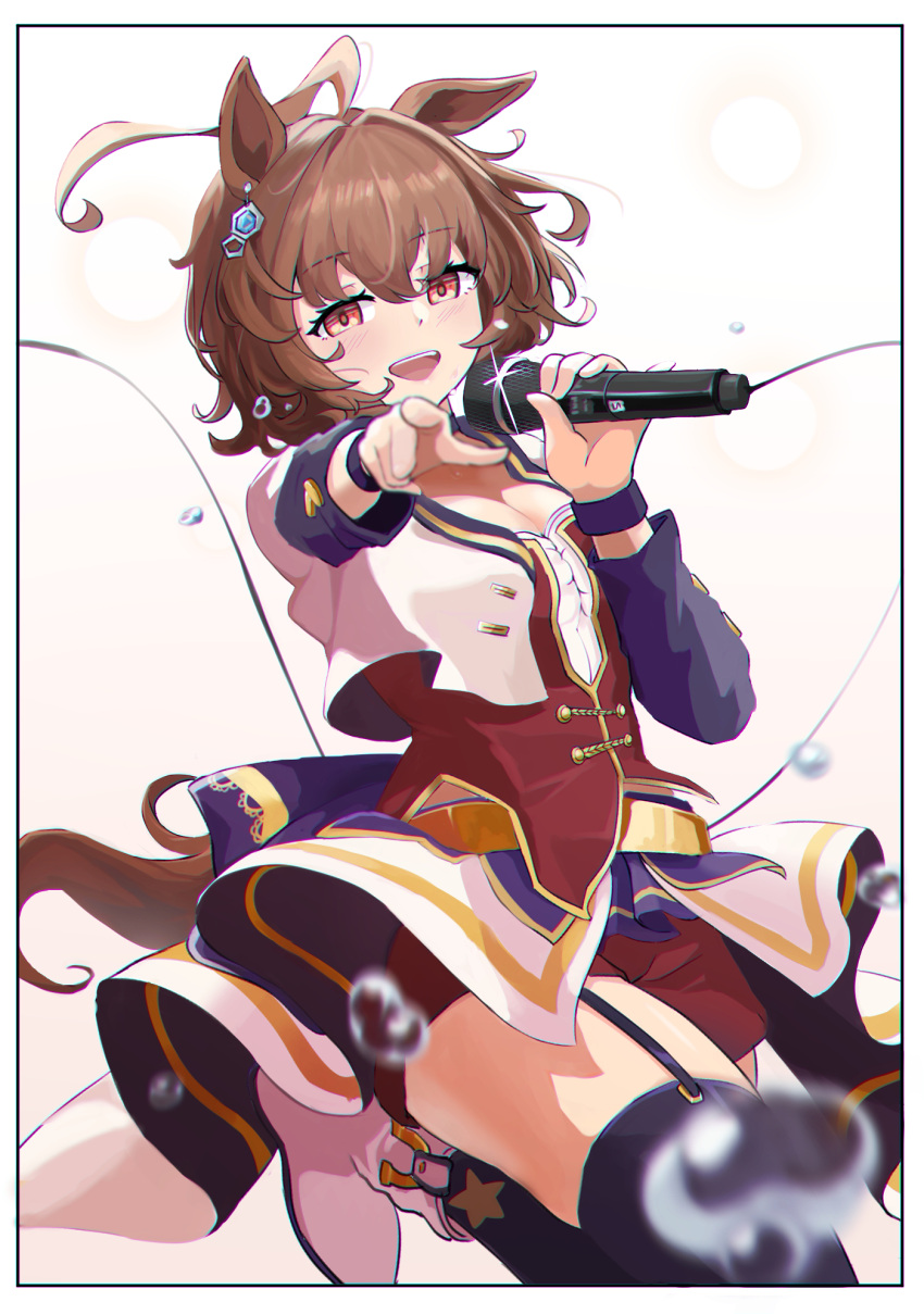1girl, :d, agnes_tachyon_(umamusume), ahoge, animal_ears, blush, brown_hair, chemical_structure, choker, corset, cropped_jacket, earrings, empty_eyes, highres, holding, holding_microphone, horse_ears, horse_girl, jacket, jewelry, messy_hair, microphone, midriff, overskirt, peiyuan_yuuya, pendant_choker, pointing, pointing_at_viewer, purple_choker, purple_garter_straps, red_corset, red_eyes, short_hair, single_earring, smile, solo, starting_future_(umamusume), umamusume, white_jacket