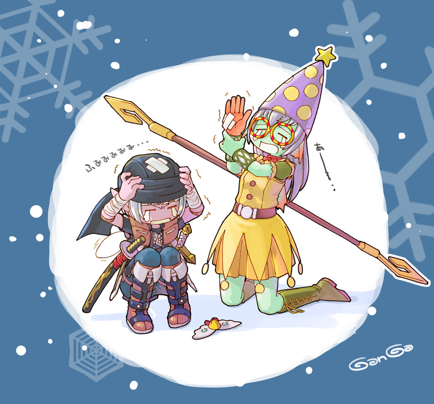 2girls, arm_wrap, arms_up, artist_name, bandages, bandana, belt, black_headwear