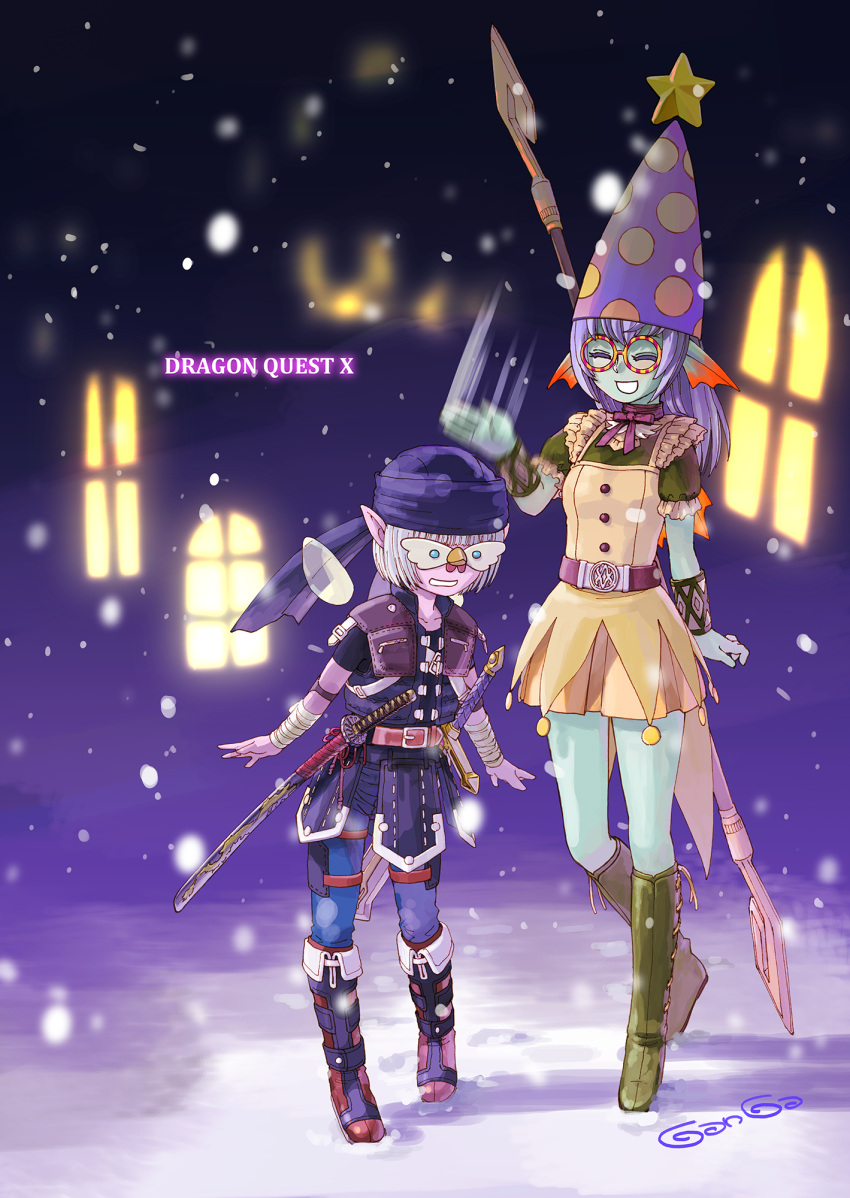 2girls, ^_^, arm_at_side, arm_wrap, armor, artist_name, bandana, belt