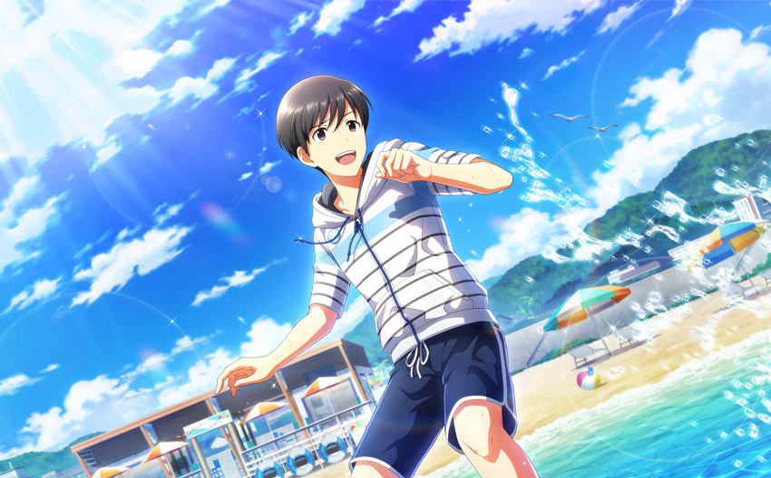 1boy, beach, black_eyes, black_hair, blue_sky, fingernails, fuyumi_jun, highres, idolmaster, idolmaster_side-m, idolmaster_side-m_live_on_stage!, male_focus, official_art, open_mouth, short_sleeves, shorts, sky, teeth, umbrella, upper_teeth_only