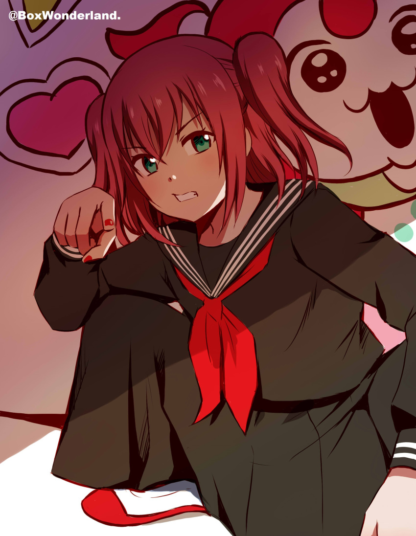 1girl, absurdres, black_sailor_collar, black_shirt, black_skirt, box_wonderland, clenched_teeth, commentary