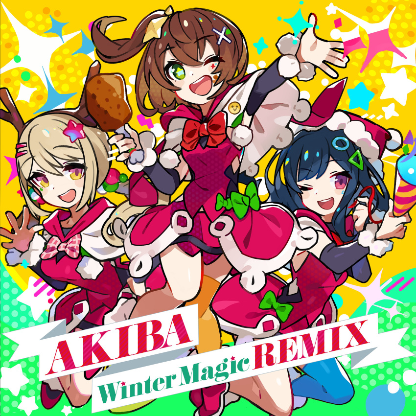 3girls, :d, ;d, absurdres, album_cover, antlers, arm_up, black_sleeves