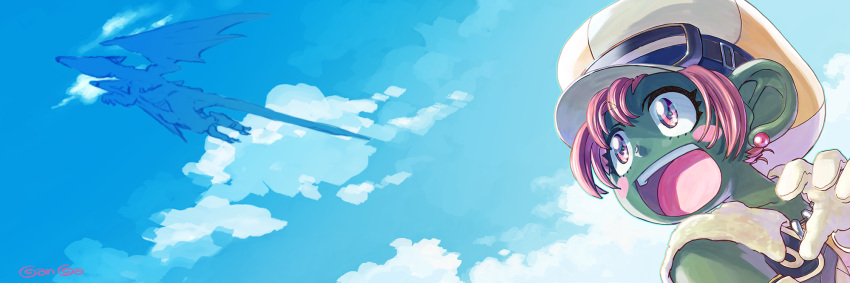1girl, artist_name, bare_shoulders, blue_sky, blush, blush_stickers, brown-framed_eyewear, character_request