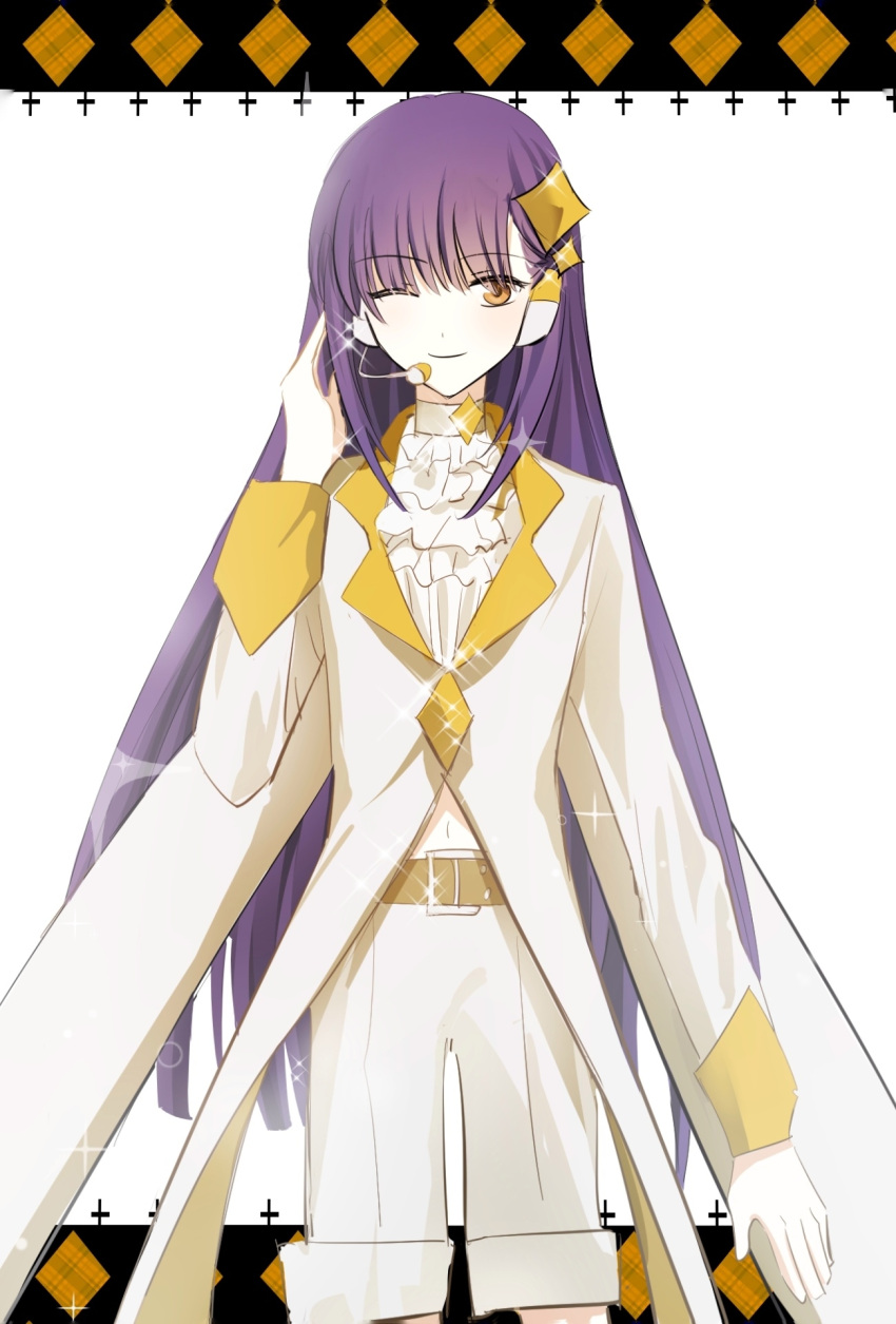 1boy, amulet_dia, amulet_dia_(cosplay), androgynous, ascot, belt, brown_belt, coat, cosplay, diamond_hair_ornament, fujisaki_nagihiko, garlictang, headset, highres, long_sleeves, male_focus, one_eye_closed, orange_eyes, purple_hair, shirt, shugo_chara!, white_background, white_coat, white_shirt