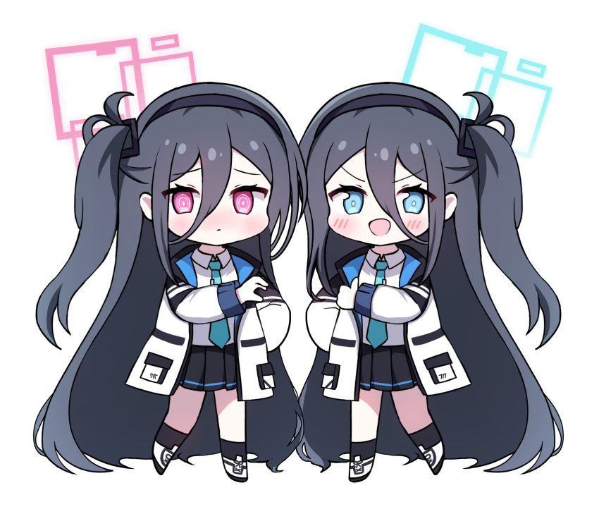 <key>_(blue_archive), 2girls, aris_(blue_archive), black_hair, black_hairband, black_skirt, black_socks, blue_archive