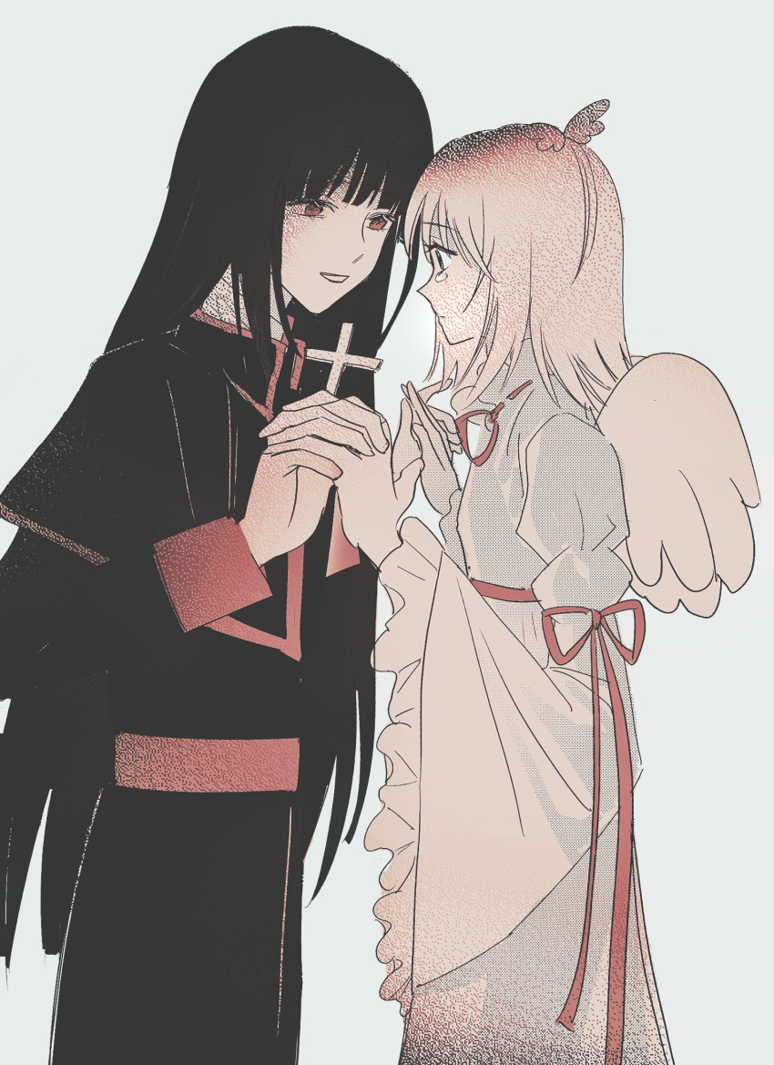 1boy, 1girl, alternate_costume, amulet_angel, angel, angel_wings, black_coat, black_hair