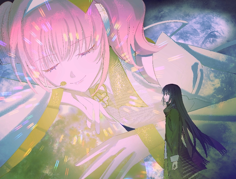 1boy, 1girl, amulet_dia, black_hair, closed_eyes, closed_mouth, coat, detached_sleeves