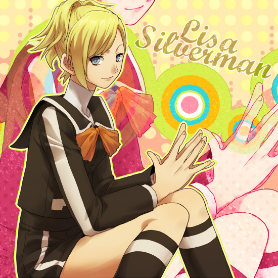 caucasian, colorful, grey_eyes, kneehighs, lisa_silverman, persona, persona_2, ribbon, school_uniform, silver_eyes, sitting, smile, socks, tenchi11, tenti-11, turtleneck