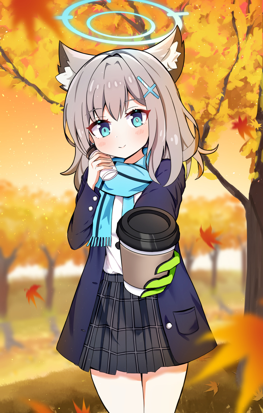 1girl, absurdres, animal_ears, blue_archive, blue_eyes, blue_jacket, blue_scarf, gloves