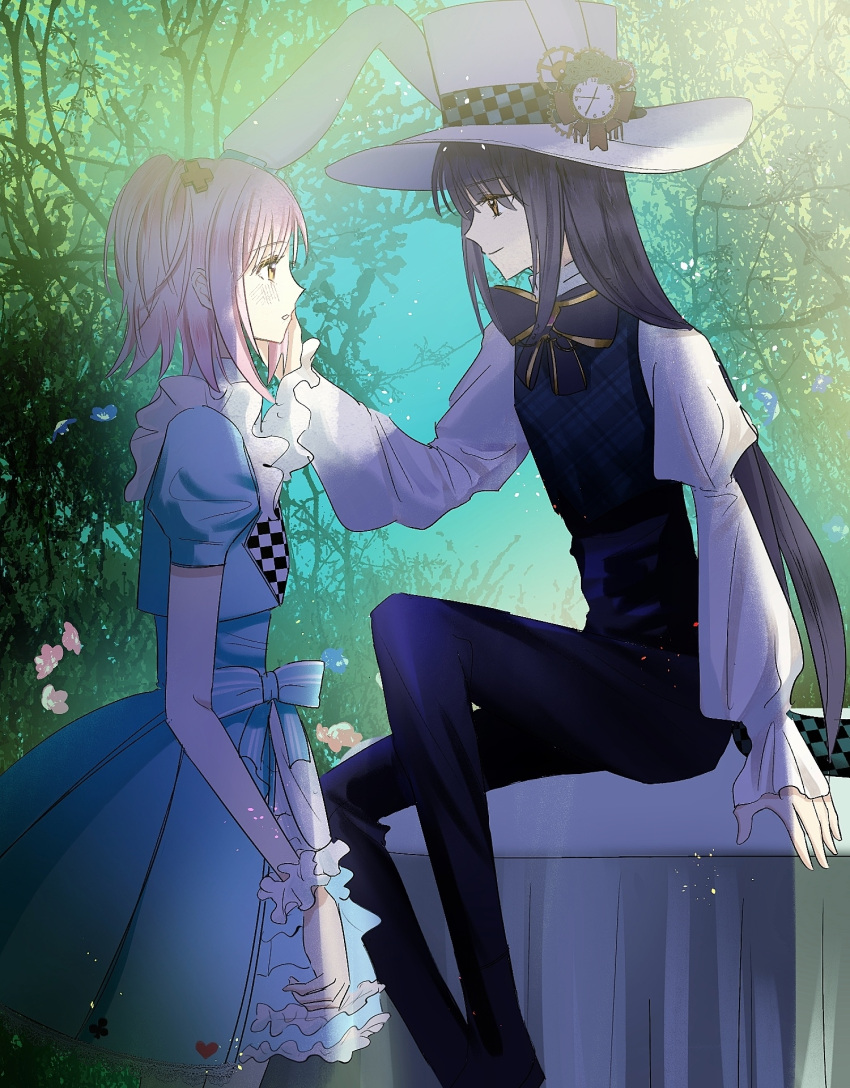 1boy, 1girl, alice_(alice_in_wonderland), alice_(alice_in_wonderland)_(cosplay), animal_ears, blue_dress, cosplay, dress