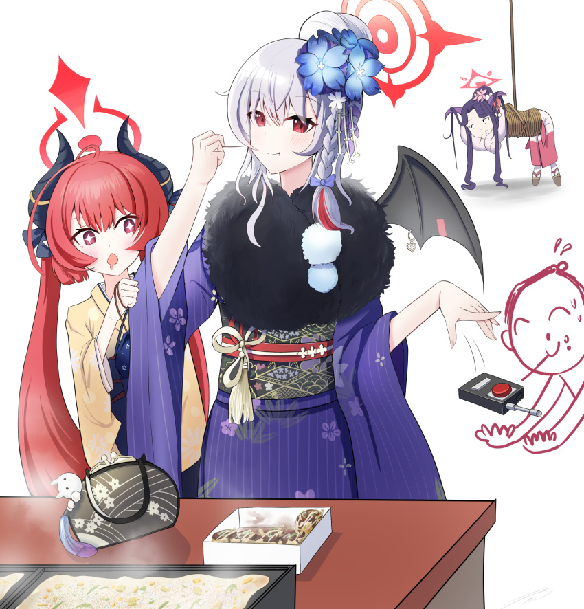 1boy, 3girls, arona's_sensei_doodle_(blue_archive), bag, black_hair, blue_archive, bound, braid