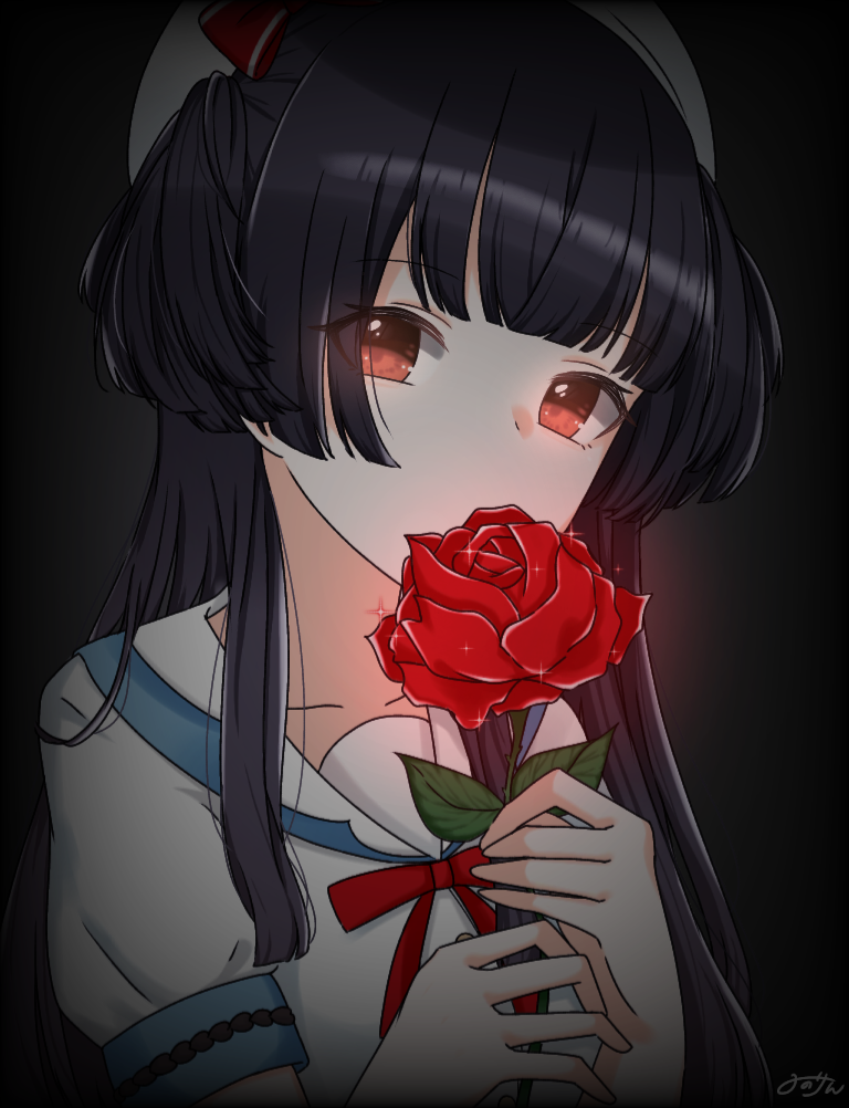 1girl, artist_name, black_background, black_hair, blue_sailor_collar, blunt_bangs, breasts, brown_eyes, collarbone, flower, hat, holding, holding_flower, idolmaster, idolmaster_shiny_colors, long_hair, looking_at_viewer, mayuzumi_fuyuko, medium_breasts, minorin, neck_ribbon, red_flower, red_ribbon, red_rose, ribbon, rose, sailor_collar, shirt, short_sleeves, signature, simple_background, solo, two_side_up, white_shirt