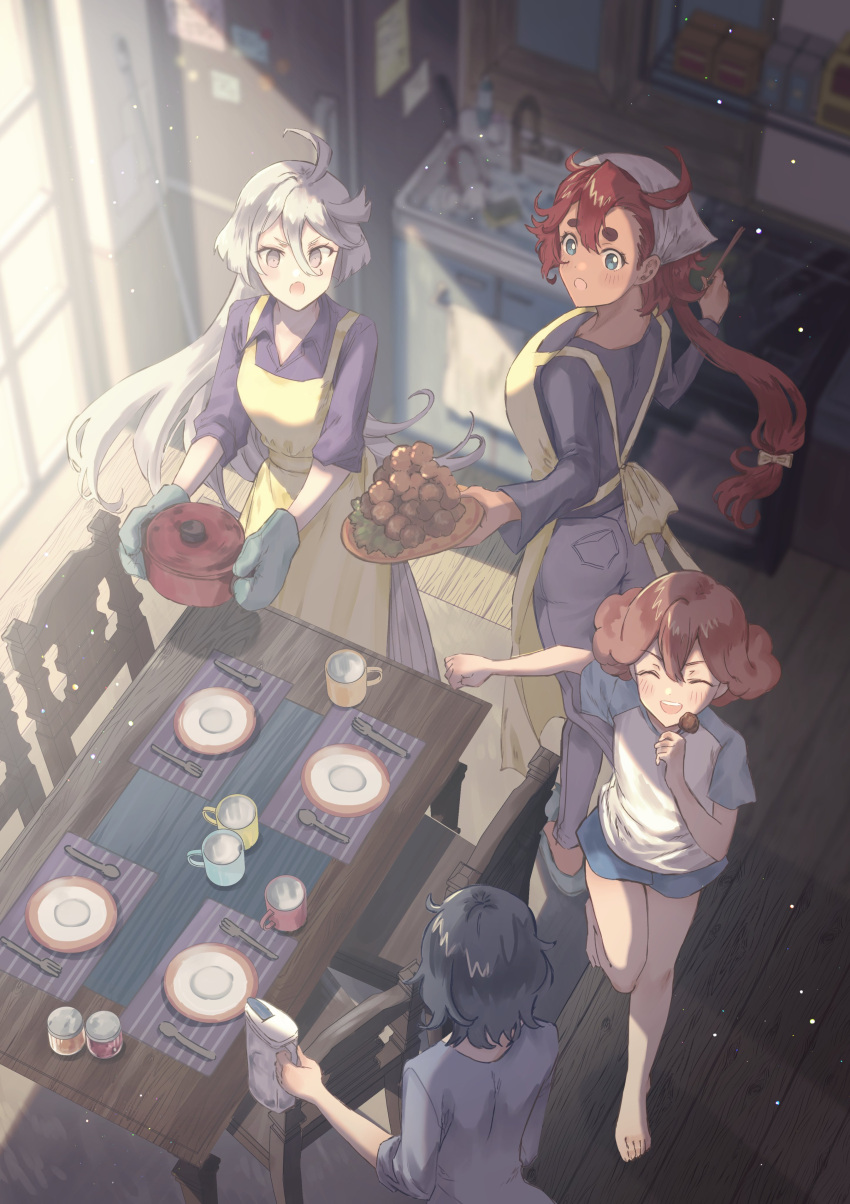 4girls, absurdres, alternate_costume, alternate_universe, apron, black_hair, blush, brown_hair