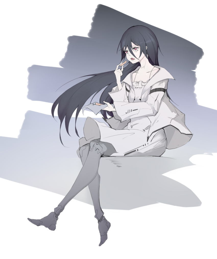 1girl, black_hair, cdlo, dress, food, grey_dress, grey_jacket, hair_between_eyes, highres, holding, holding_food, jacket, lamia_(punishing:_gray_raven), long_hair, long_sleeves, mechanical_legs, open_mouth, punishing:_gray_raven, red_eyes, sidelocks