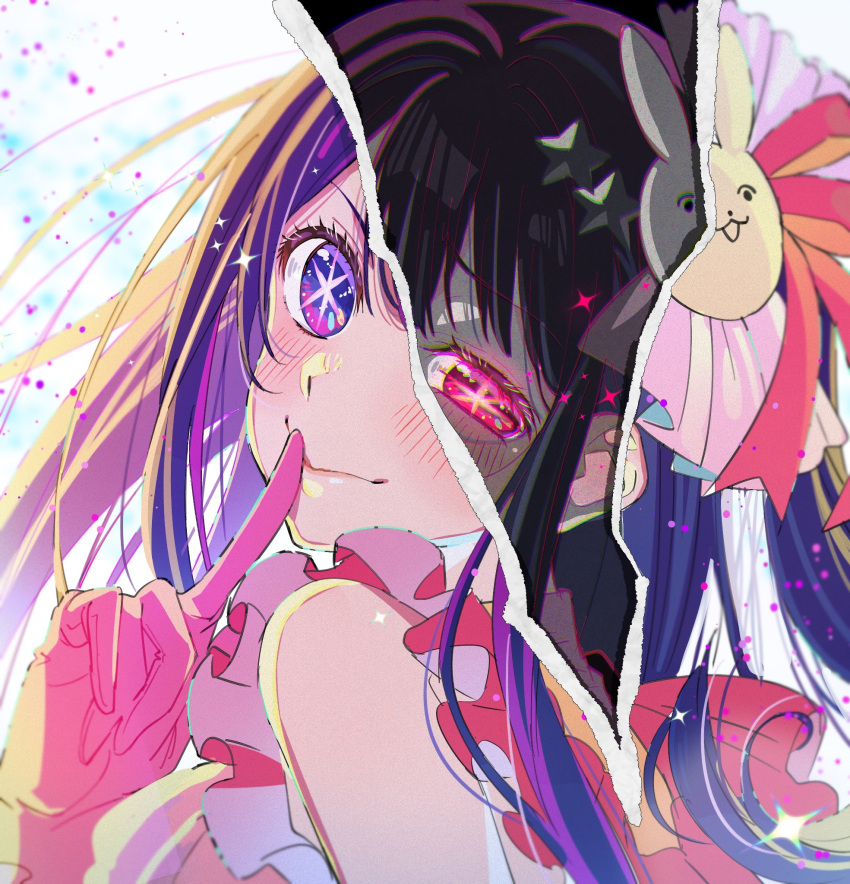 1girl, black_hair, blush, finger_to_mouth, frills, gloves, hair_ornament, highres