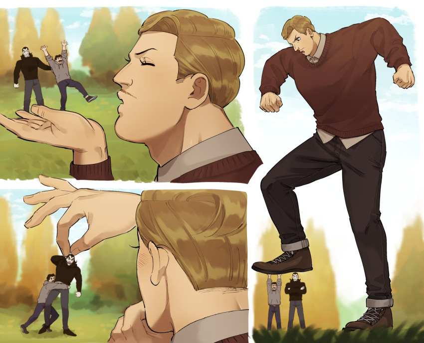3boys, autumn, black_hair, black_shirt, blonde_hair, blowing, blue_sky, blurry