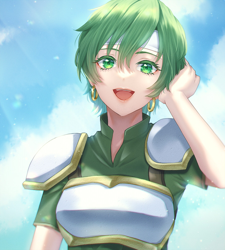 1girl, :d, armor, breastplate, day, earrings, fee_(fire_emblem), fire_emblem, fire_emblem:_genealogy_of_the_holy_war, green_eyes, green_hair, green_shirt, hair_between_eyes, headband, jewelry, kiryuu_sara_(artist), open_mouth, pegasus_knight_uniform_(fire_emblem), shirt, short_hair, short_sleeves, shoulder_armor, sky, smile, solo, upper_body, white_headband