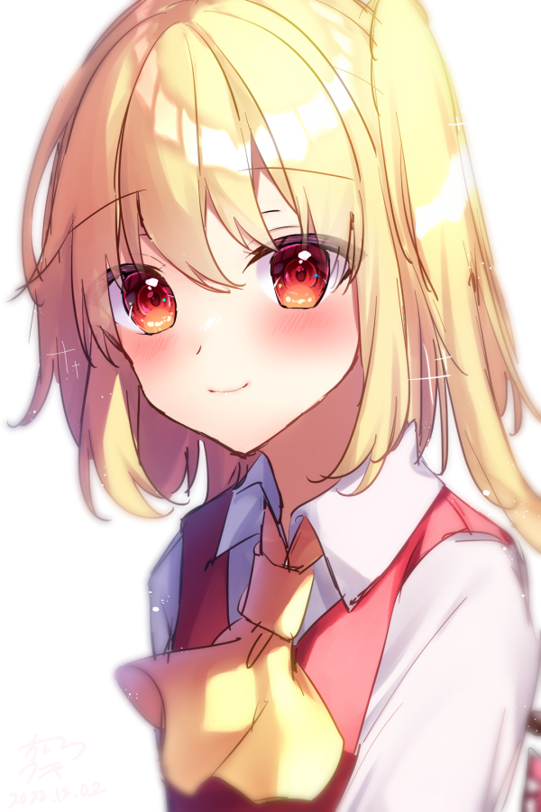 1girl, ascot, blonde_hair, blush, chisiro_unya_(unya_draw), closed_mouth, commentary_request, flandre_scarlet