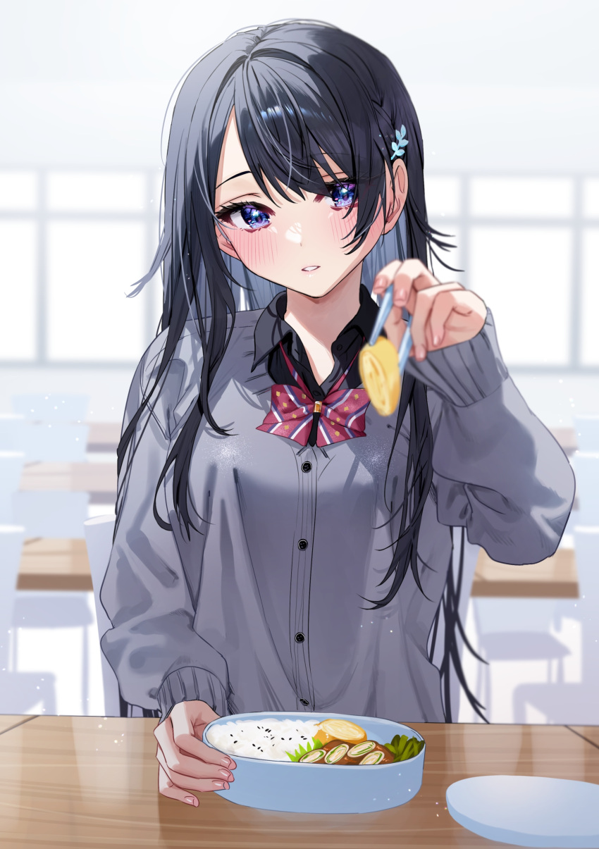 1girl, black_hair, blue_eyes, blurry, blurry_background, blush, bow, bowtie
