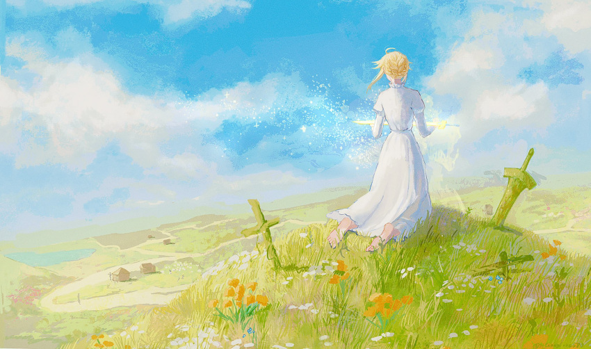 1girl, 31tamagokake580, ahoge, artoria_pendragon_(fate), barefoot, blonde_hair, blue_flower, braid