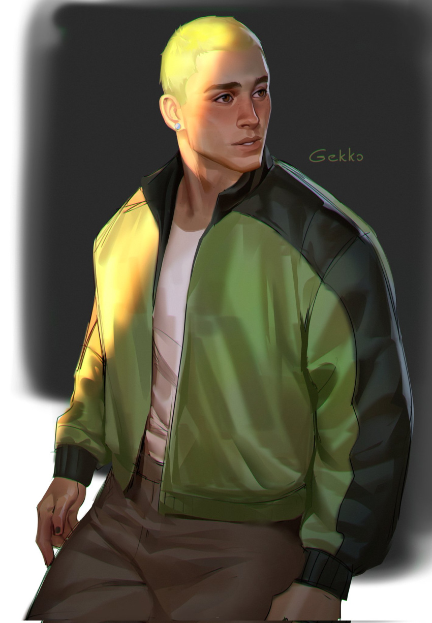 1boy, black_jacket, black_nails, brown_pants, character_name, dark-skinned_male, dark_skin, earrings