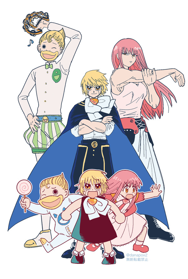 1girl, 2boys, ;), age_comparison, beak, biceps, blonde_hair, candy, crossed_arms, danapox, dress, food, full_body, gash_bell, instrument, kanchome_(konjiki_no_gash!!), konjiki_no_gash!!, konjiki_no_gash!!_2, lollipop, long_hair, multiple_boys, muscular, muscular_female, one_eye_closed, pink_hair, pumpkin_pants, smile, tambourine, tank_top, tio_(konjiki_no_gash!!), tsurime, twitter_username