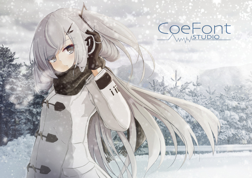 1girl, allial_(coefont), black_gloves, closed_mouth, coat, coefont, commentary_request, copyright_name