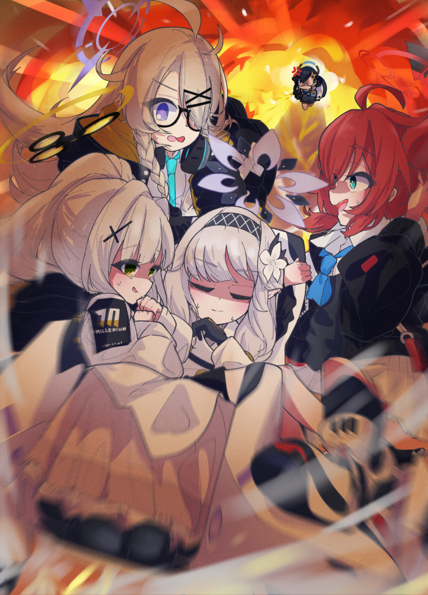 5girls, ahoge, angry, assault_rifle, black-framed_eyewear, black_hair, blue_archive, blue_eyes