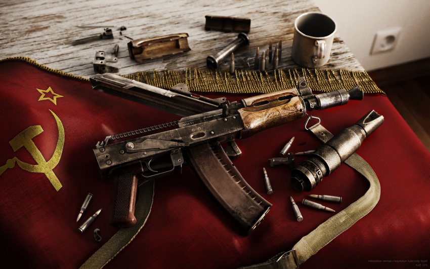 3d, aks-74u, alexander_yartsev, ammunition, assault_rifle, commentary, commentary_typo, country_connection, cup, disassembly, electrical_outlet, english_commentary, flag, folding_stock, fringe_trim, game_cg, gun, hammer_and_sickle, highres, indoors, kalashnikov_rifle, mug, muzzle_brake, no_humans, on_table, red_star, rifle, rifle_cartridge, sling, soviet_flag, spring_(object), star_(symbol), still_life, table, weapon, weapon_focus, wooden_floor, wooden_table, world_of_guns:_gun_disassembly