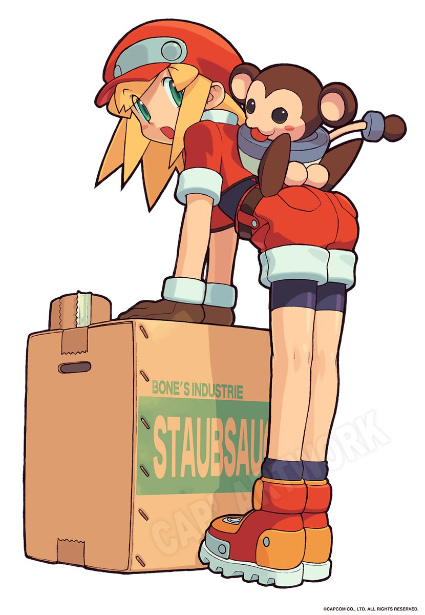 bent_over, beret, blonde_hair, box, cardboard_box, data_(mega_man), duct_tape, gloves, green_eyes, hat, highres, ishikawa_hideki, mega_man_(series), mega_man_legends, monkey, monkey_tail, roll_caskett_(mega_man), shoes, shorts, tail