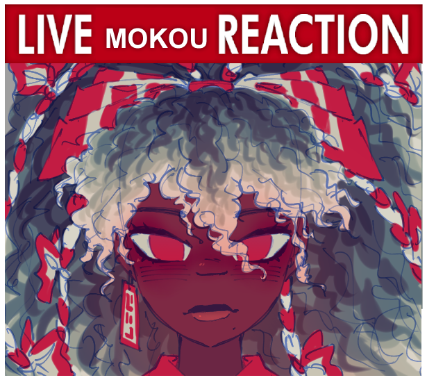 1girl, alternate_skin_color, bow, closed_mouth, commentary, curly_hair, dark-skinned_female, dark_skin, earrings, empty_eyes, english_commentary, expressionless, fujiwara_no_mokou, gradient_hair, grey_hair, hair_between_eyes, hair_bow, jewelry, live_tucker_reaction_(meme), looking_at_viewer, meme, mole, mole_under_mouth, multicolored_hair, ofuda, portrait, quinnonimp, red_bow, red_eyes, solo, straight-on, touhou, tumblr_username, white_hair