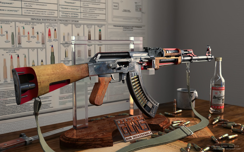 3d, ak-47, alcohol, alexander_yartsev, ammunition, artist_name, assault_rifle, bayonet