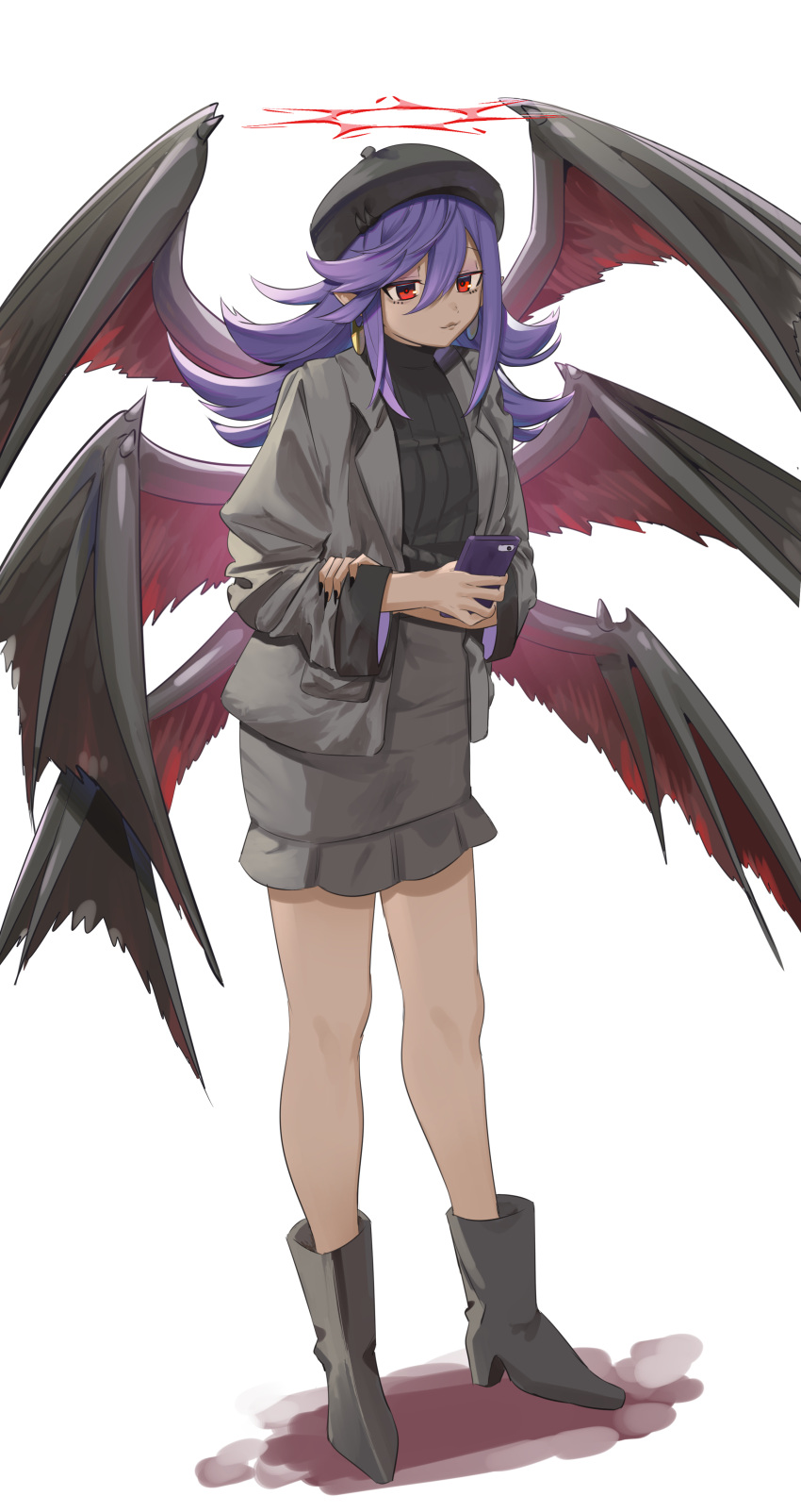 1girl, absurdres, alternate_costume, boots, casual, cellphone, dark-skinned_female, dark_skin