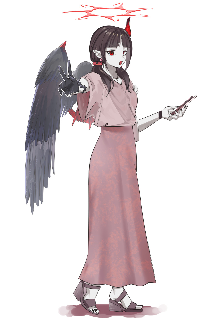 1girl, absurdres, alternate_costume, brown_hair, casual, cellphone, colored_skin, duel_monster, fallen_angel, full_body, gloves, grey_skin, halo, high-waist_skirt, high_heels, highres, holding, holding_phone, horns, indulged_darklord, jewelry, lmn9911, long_skirt, necklace, phone, sandals, shirt, simple_background, single_glove, single_horn, single_wing, skirt, smartphone, solo, twintails, v, white_background, wings, yu-gi-oh!