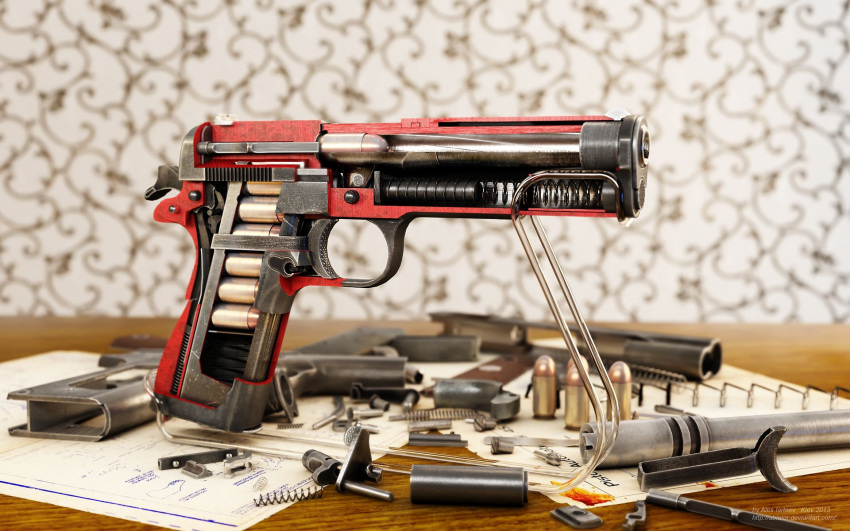 3d, alexander_yartsev, ammunition, artist_name, blurry, blurry_background, cartridge, cocked_hammer