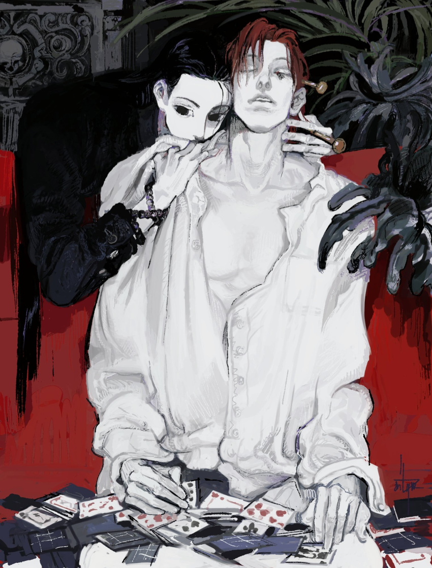 2boys, black_eyes, black_hair, black_suit, card, closed_eyes, collared_shirt, formal