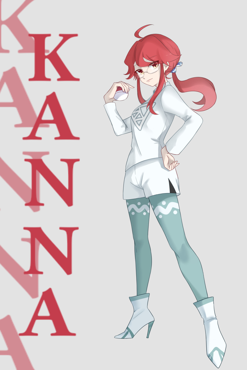 1girl, absurdres, ahoge, character_name, cosplay, full_body, glasses, grey_background, hand_on_own_hip, high_heels, highres, holding, holding_poke_ball, looking_at_viewer, lorelei_(pokemon), melony_(pokemon), melony_(pokemon)_(cosplay), poke_ball, poke_ball_(basic), pokemon, pokemon_(game), pokemon_lgpe, pokemon_swsh, ponytail, redhead, solo, sweater, white_footwear, zhen_xionggui