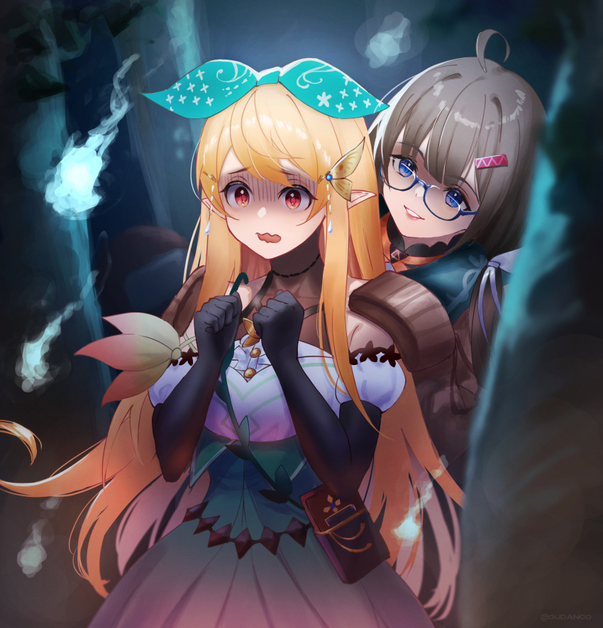 2girls, absurdres, among_us, black_gloves, blonde_hair, blue_eyes, bow, brown_sweater