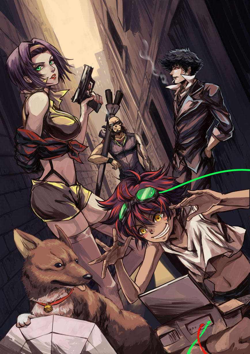 2boys, 2girls, animal, beard, black_hair, cigarette, cowboy_bebop, dog