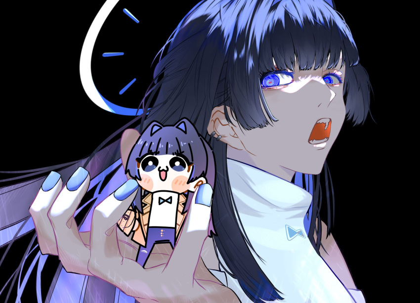 2girls, alicemuyuki, black_background, blue_eyes, blue_hair, blue_nails, blush_stickers, brown_jacket, chibi, commentary, denim, english_commentary, hair_intakes, halo, highres, hololive, hololive_english, jacket, jeans, long_hair, multiple_girls, open_mouth, ouro_kronii, pants, shirt, simple_background, torn_clothes, very_long_hair, virtual_youtuber
