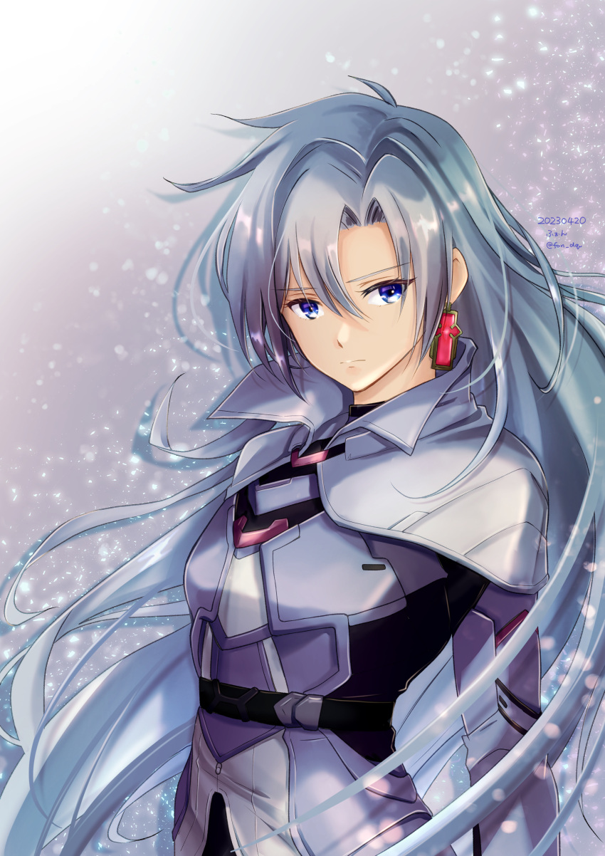 1girl, 2023, a_(xenoblade), absurdres, artist_name, belt, black_belt, blue_eyes, capelet, closed_mouth, dated, drop_shadow, earrings, eyes_visible_through_hair, fon_(fon_dq), grey_hair, hair_between_eyes, hair_intakes, high_collar, highres, jewelry, long_hair, messy_hair, single_earring, solo, twitter_username, very_long_hair, white_capelet, xenoblade_chronicles_(series), xenoblade_chronicles_3, xenoblade_chronicles_3:_future_redeemed