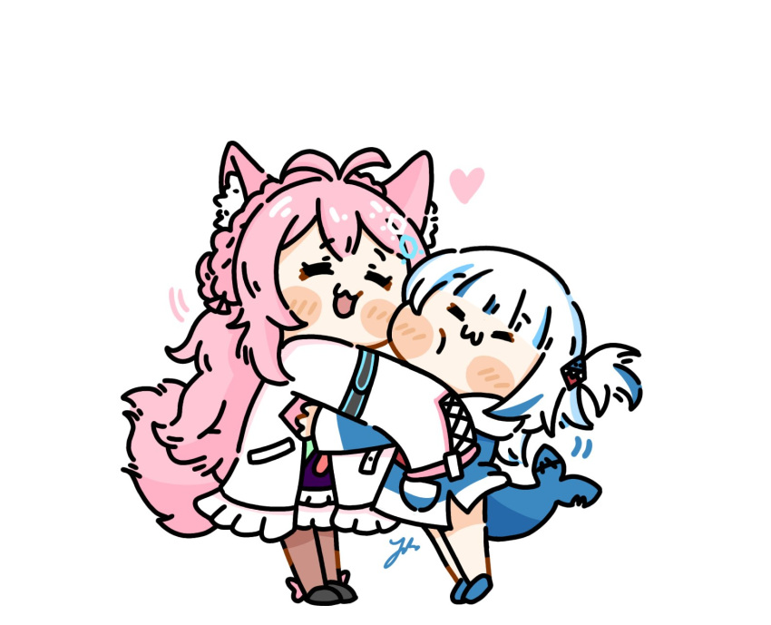 2girls, alicemuyuki, animal_ears, antenna_hair, bare_legs, blue_hair, blue_hoodie, blush_stickers, chemical_structure, chibi, commentary, english_commentary, fins, fish_tail, gawr_gura, hair_ornament, hakui_koyori, heart, hexagon_hair_ornament, highres, hololive, hololive_english, hood, hoodie, hug, lab_coat, long_hair, multicolored_hair, multiple_girls, necktie, pink_hair, pink_necktie, shark_girl, shark_hair_ornament, shark_tail, simple_background, sleeves_past_wrists, streaked_hair, tail, two_side_up, very_long_hair, virtual_youtuber, white_background, white_hair, wolf_ears, wolf_girl, wolf_tail