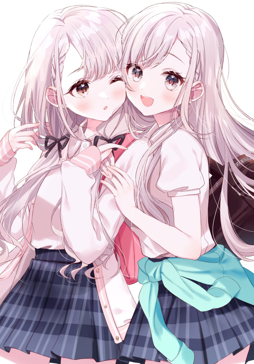 2girls, :o, aqua_cardigan, bag, black_bag, blunt_bangs, blush, braid