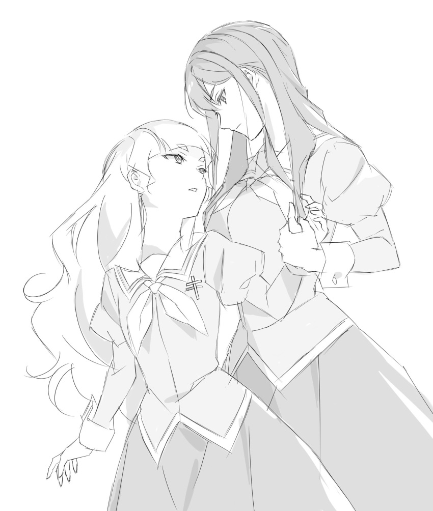 2girls, behind_another, blunt_bangs, buttoned_cuffs, closed_mouth, cowboy_shot, cross, dutch_angle